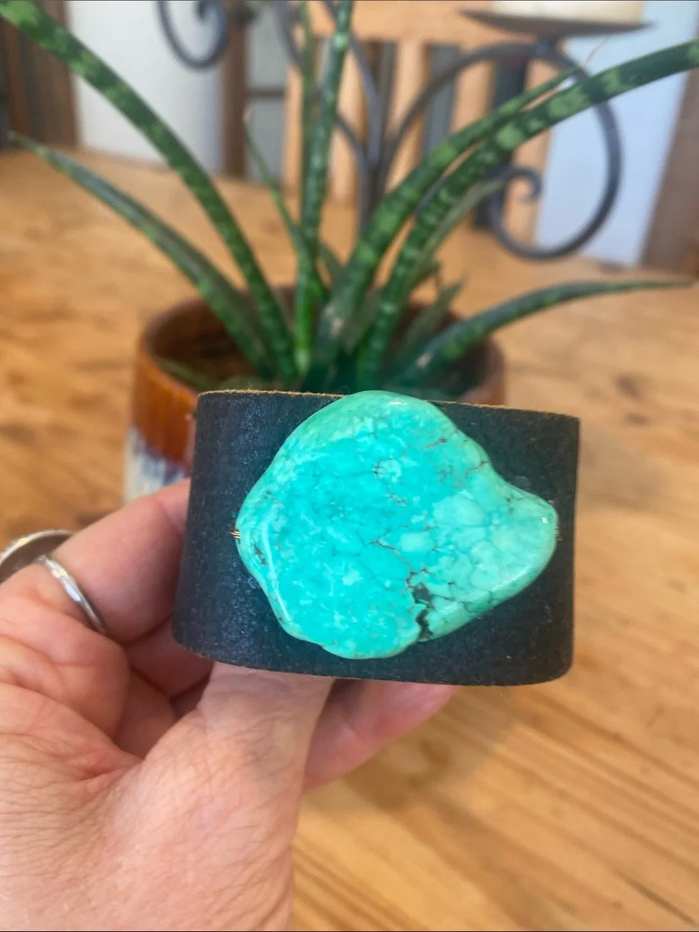Artisan Designed Genuine leather with genuine slab turquoise stone bracelet